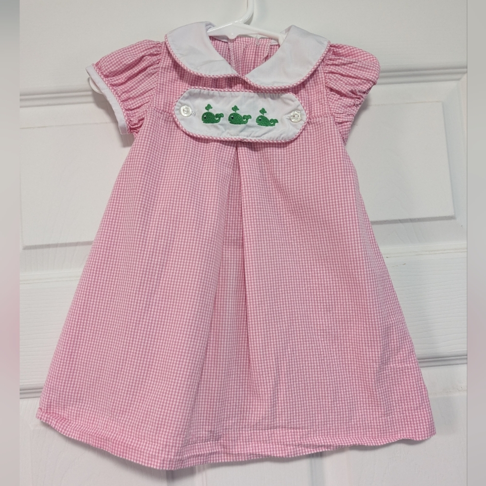 Little English Pink Gingham Dress with White Collar and Green Whale Applique